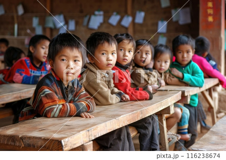 A row of young students sits attentively at wooden desks in a classroom, waiting for their lessons to begin. A row of young students sits attentively at wooden desks in a classroom, waiting for their lessons to begin. 116238674