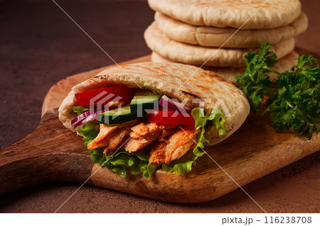 Shawarma in pita bread, chicken, with vegetables, homemade, no people, 116238708