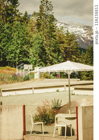 Camp site with picnic table in norwegian mountains Camp site with picnic table in norwegian mountains 116238811