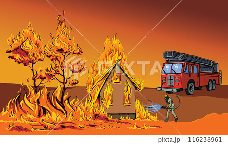 Vector drawing. Firefighter puts out the fire Vector drawing. Firefighter puts out the fire 116238961