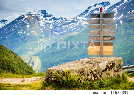 Wooden sign in norwegian mountains. 116238990