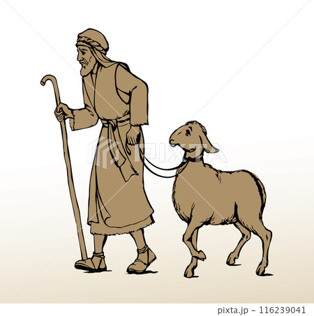 A man leads an sheep for sacrifice. Pencil drawing 116239041