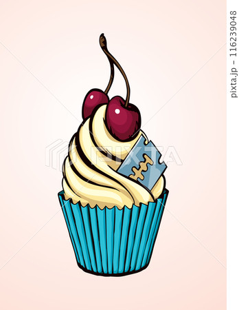 Vector drawing. Cake with cherries and razor blade 116239048