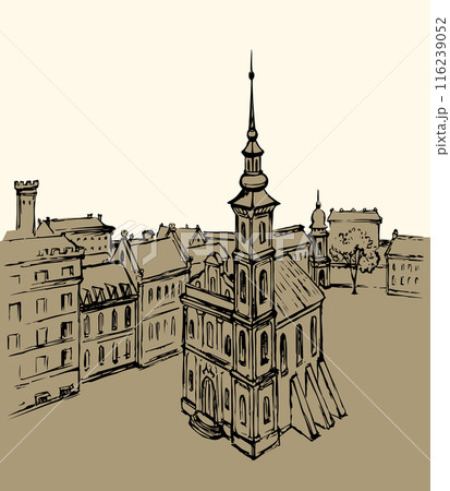 Vector drawing. Medieval cathedral in the center of the city square 116239052