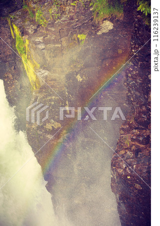 waterfall and rainbow in mountains, Norway. 116239137