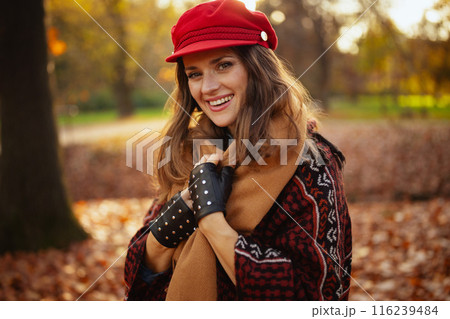 Portrait of smiling trendy 40 years old woman in red hat 116239484
