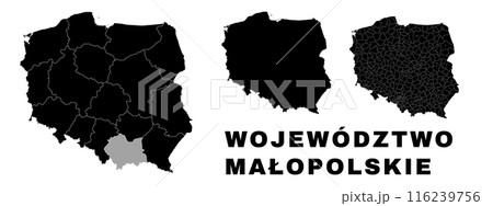 Lesser Poland map, Polish state. Poland administrative provinces, boroughs, and municipalities. 116239756