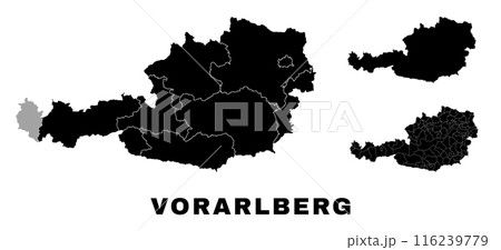 Vorarlberg map, Austrian state. Austria administrative provinces, boroughs, and municipalities. 116239779