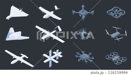 Isometric unmanned aerial vehicles. Military drone and spy plane unmanned with camera, airplane with autopilot and laser guided missile. Vector isometric aerial vehicles set 116239994