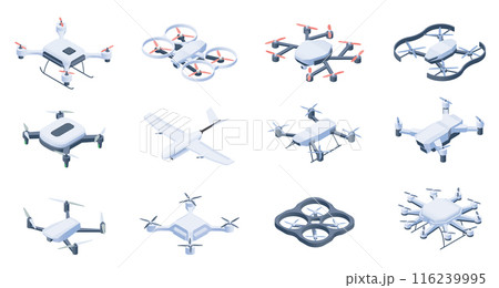 Isometric drones. Aerial drone unmanned remote control surveillance multicopter vehicles, wireless robotic helicopter copter technology. Vector isometric drones set. 116239995