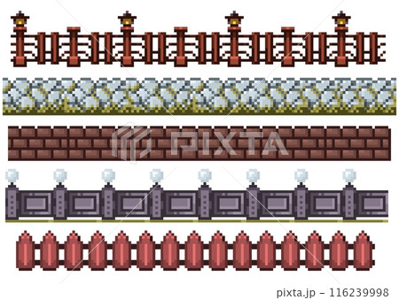 Pixel fences pattern. Seamless fence pattern 8 bit retro old school video game border and boundary, cartoon wooden plank panel. Vector pixel fence texture Pixel fences pattern. Seamless fence pattern 8 bit retro old school video game border and boundary, cartoon wooden plank panel. Vector pixel fence texture 116239998