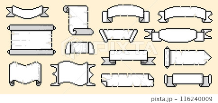 Pixel scroll frame. Retro video game asset scroll frames, blank ancient parchment paper for map and text, sprite design. Vector 8 bit banner pixel scroll frame isolated collection Pixel scroll frame. Retro video game asset scroll frames, blank ancient parchment paper for map and text, sprite design. Vector 8 bit banner pixel scroll frame isolated collection 116240009