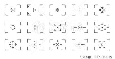 Camera focus viewfinder ui. Camera viewfinders lens frame focus with grid and dots, photo and video camera viewfinder with grid and dots. Vector ui illustration. 116240019