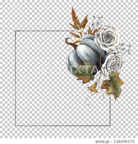 Black pumpkin with leaves, white roses, autumn leaves and berries. Hand drawn watercolor square frame in vintage style. Suitable for Halloween, Thanksgiving, cards, posters, invitations design 116240173