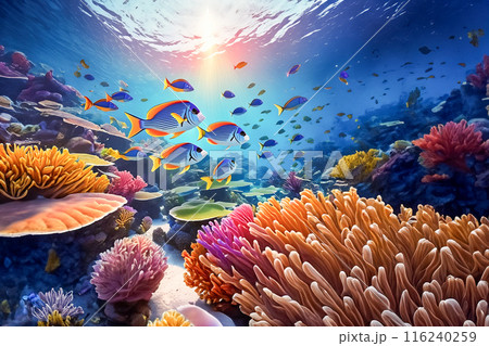 カラフルなサンゴ礁の魚たちのイラストのイラスト素材 [116240259] - PIXTA