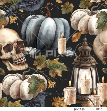 Black pumpkin and leaves, skull, black raven, vintage lantern and candle, crystal. Watercolor seamless pattern on a dark gray background. Fall themed Halloween designs, cards, decorations, packaging 116240448