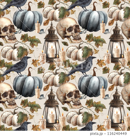 Black pumpkin and leaves, skull, black raven, vintage lantern and candle, crystal. Watercolor seamless pattern on a beige background. Fall themed Halloween designs, cards, decorations, packaging 116240449