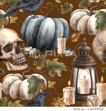 Black pumpkin and leaves, skull, black raven, vintage lantern and candle, crystal. Watercolor seamless pattern on a brown background. Fall themed Halloween designs, cards, decorations, packaging 116240450