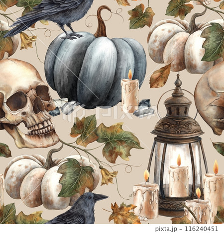 Black pumpkin and leaves, skull, black raven, vintage lantern and candle, crystal. Watercolor seamless pattern on a beige background. Fall themed Halloween designs, cards, decorations, packaging 116240451