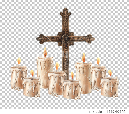 Burning wax candles with fire and a vintage copper cross. Watercolor hand drawn illustration in vintage style. Suitable for Halloween party design, cards, books, invitations and wrapping paper 116240462