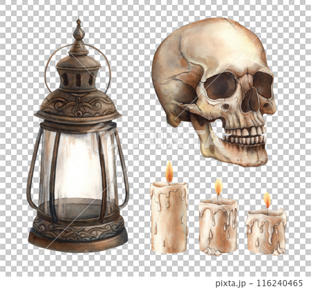 human skull, wax candles and vintage copper lantern. Watercolor set, hand drawn in Gothic style on an isolated background. Suitable for Halloween design, vintage holidays, cards, posters, packaging human skull, wax candles and vintage copper lantern. Watercolor set, hand drawn in Gothic style on an isolated background. Suitable for Halloween design, vintage holidays, cards, posters, packaging 116240465
