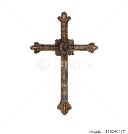 Religious vintage bronze cross. Hand drawn watercolor illustration in vintage style on isolated background. For the design of cards, invitations for Halloween, weddings, Easter, Catholic holidays 116240467