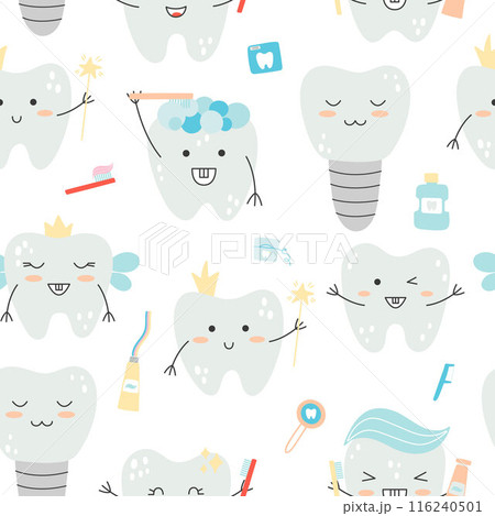 Seamless pattern with kawaii-style vector tooth characters and dental care items on an isolated white background. Seamless pattern with kawaii-style vector tooth characters and dental care items on an isolated white background. 116240501