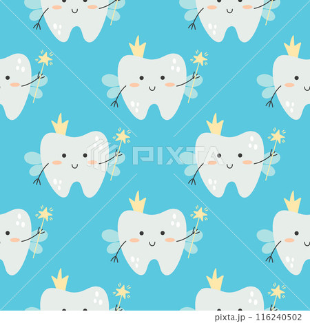 Vector seamless pattern featuring a tooth fairy character with a crown and a magic wand on a blue background. Vector seamless pattern featuring a tooth fairy character with a crown and a magic wand on a blue background. 116240502