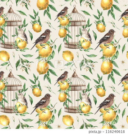 Seamless pattern of yellow lemons, leaves, birds and copper vintage cage on a beige background. Watercolor drawing in vintage style. Drawing for interior, cards, wedding design, invitations, textiles 116240618