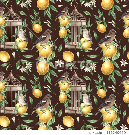 Seamless pattern of yellow lemons, leaves, birds and copper vintage cage on a brown background. Watercolor drawing in vintage style. Drawing for interior, cards, wedding design, invitations, textiles 116240620