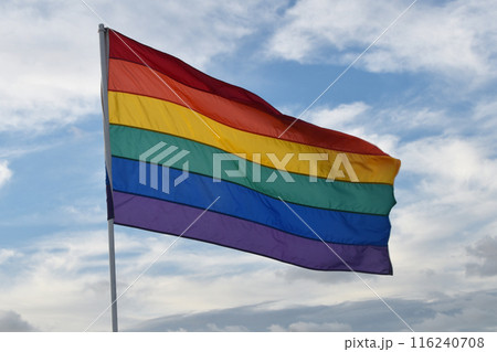 Colorful rainbow gay pride flag against the blue sky, LGBTQ symbol Colorful rainbow gay pride flag against the blue sky, LGBTQ symbol 116240708