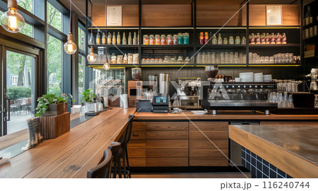 コーヒーショップ 店内 飲食店 ウッド ナチュラル 背景 116240744