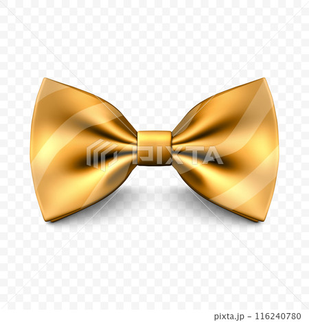 Vector Golden Color Realistic Bow Tie Icon Closeup, Isolated. Silk Glossy Bowtie, Gentleman Tie. Fathers Day Concept 116240780