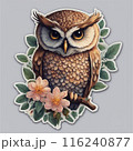 Owl with flowers on a gray background. Sticker. Vector illustration. 116240877