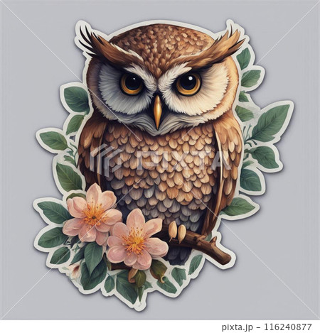 Owl with flowers on a gray background. Sticker. Vector illustration. 116240877