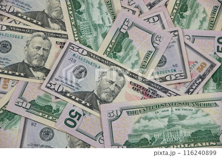 50 dollar bills, American dollars, fifty dollar banknotes, a lot of money 116240899