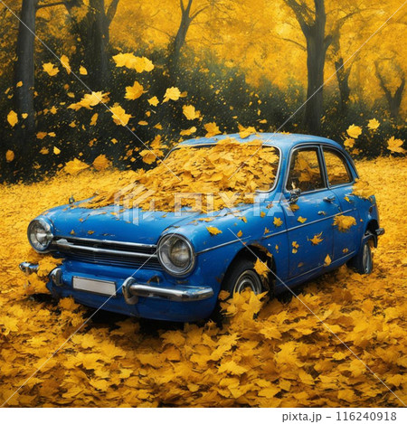 Old car in the autumn forest with fallen leaves. Fall background. 116240918