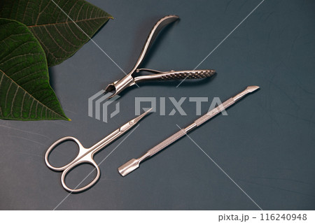 Manicure kit, professional grooming set, nail scissors with cuticle pusher, professional stainless steel pedicure manicure tools for fingernails and toenails on a dark background 116240948