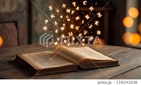 Mystical old book. Open old book indoor. A fairy tale. AI Generated 116241036