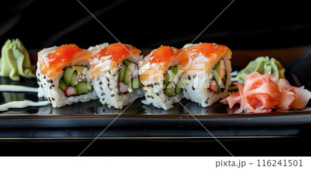 Elegant plating of Japanese sushi rolls, with assorted fish, avocado, and cucumber, arranged on a black lacquer tray with pickled ginger and wasabi. 116241501