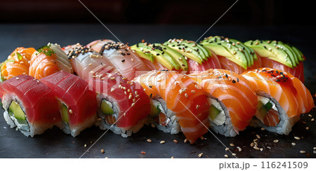 Elegant plating of Japanese sushi rolls, with assorted fish, avocado, and cucumber, arranged on a black lacquer tray with pickled ginger and wasabi. 116241509