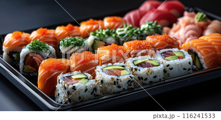 Elegant plating of Japanese sushi rolls, with assorted fish, avocado, and cucumber, arranged on a black lacquer tray with pickled ginger and wasabi. 116241533