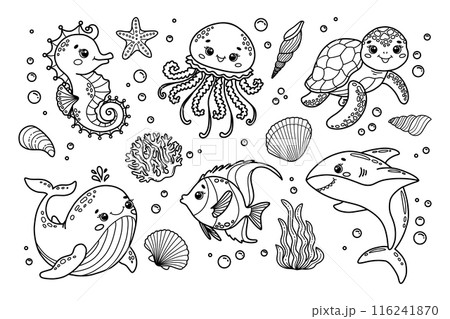 Set of vector illustrations of cute sea animals. Seahorse, jellyfish, whale, fish, shark, turtle, coral, shells  116241870