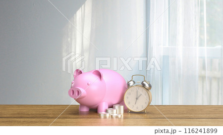 The piggy bank and clock for earn and saving concept 3d rendering. The piggy bank and clock for earn and saving concept 3d rendering. 116241899