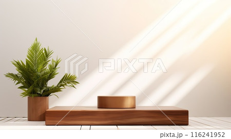 A block wooden podium, driftwood a pedestal for an object, against a neutral natural background.  116241952