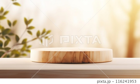 Beautiful round wooden podium, pedestal for an object on a background of lush green grass. Sunlight 116241953