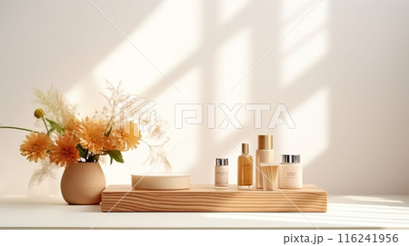 Podium table against the wall in the interior, a pedestal for an object, on a beautiful background.  116241956