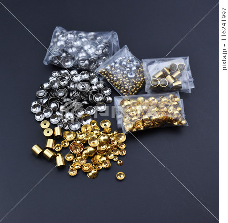 Craft supplies and tools for handmade, DIY kit for jewelry making on black background 116241997