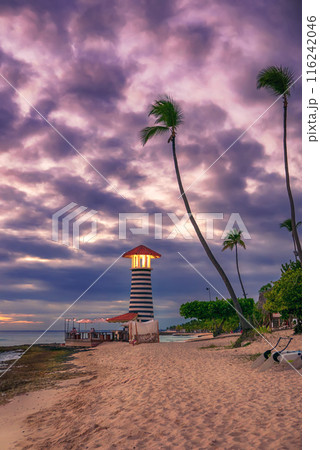 Tropical carribbean beach with lighthouse 116242046
