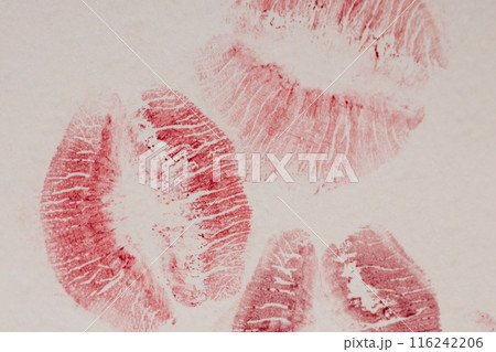 Photography of the imprint of red lipstick, kiss, beautiful red lips 116242206